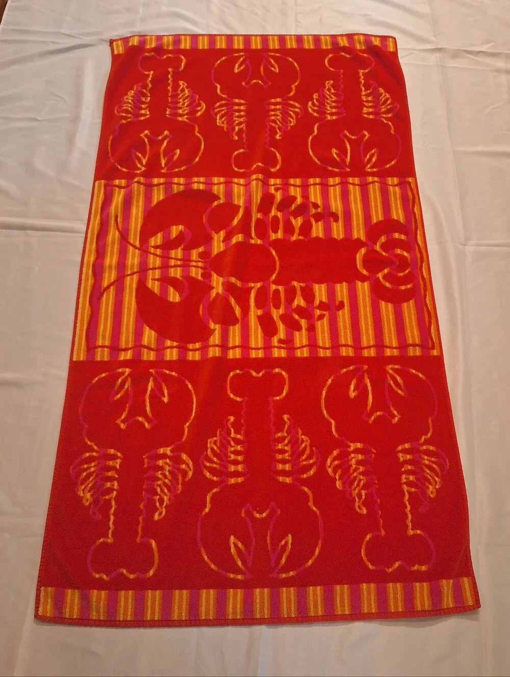 Vtg 90s Palm Cove Lobster Beach Towel Red Orange Pink Ocean 57x30 Inch Retro
